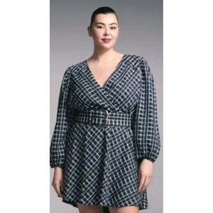 Tanya Taylor Nicola Plaid‎ Check Long Sleeve Belted Navy Marbl Dress Size 12 NWT
